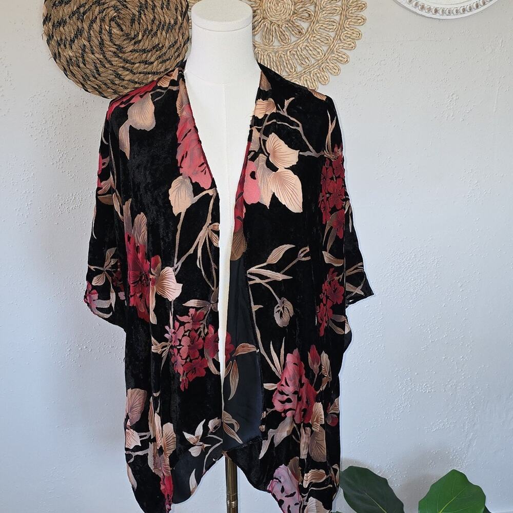 Asymmetrical Velvet Burn Out Black & Burgundy Floral Kimono Cardigan Women Fairy